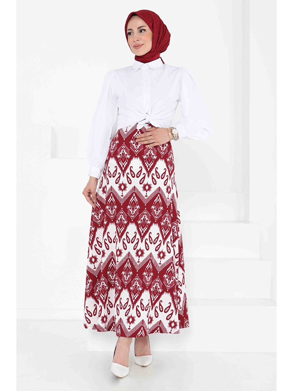 Desenli Kiloş Etek Bordo - 27130