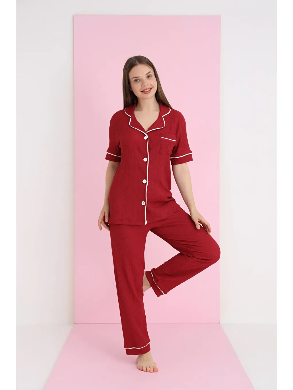 Bordo Bürümcük Arabiyeli Düğmeli Pijama Takım 7037-4-1