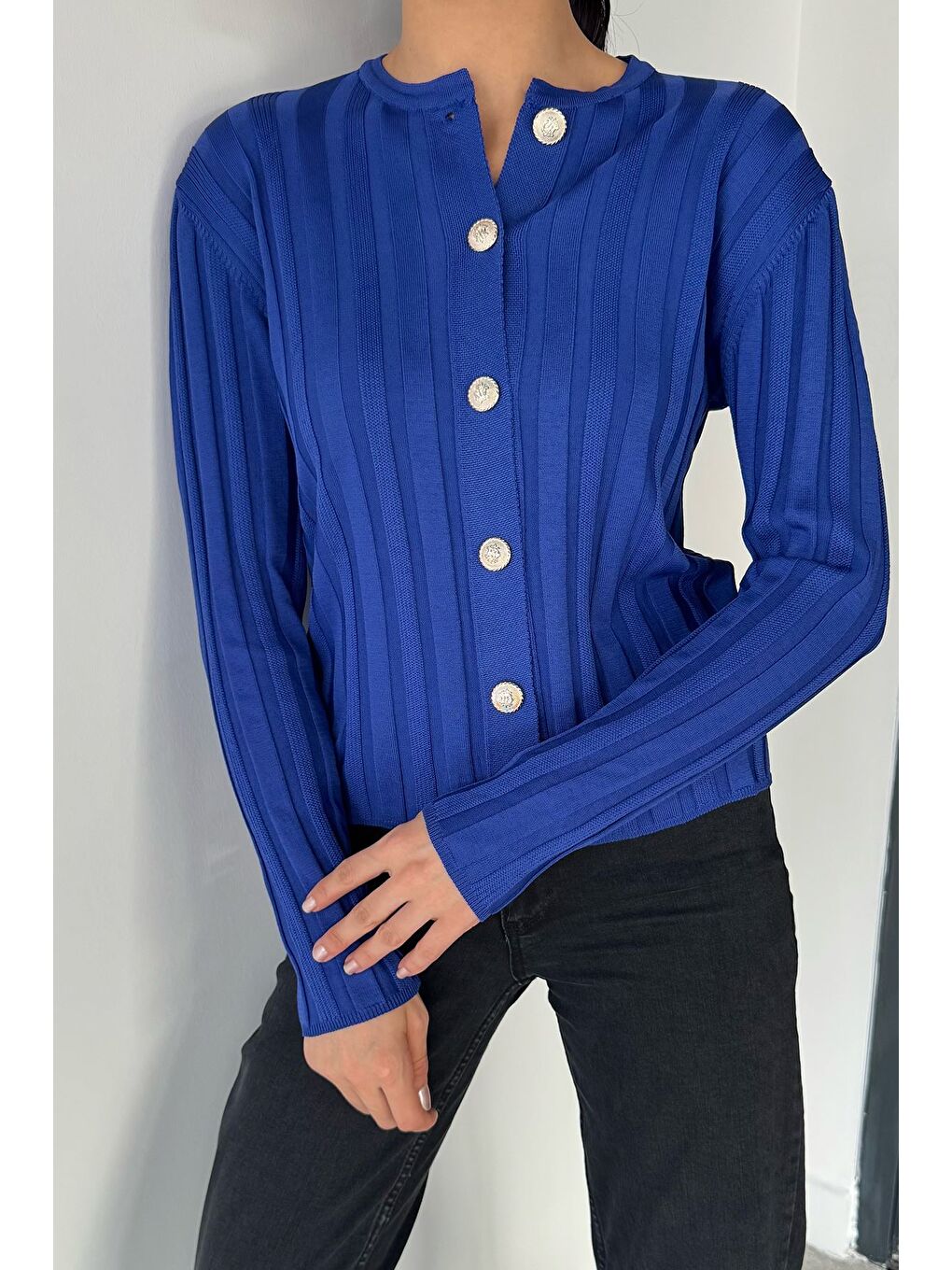 Mavi Kadın Düğme Detaylı Triko Hırka (m-l-xl Uyumludur)