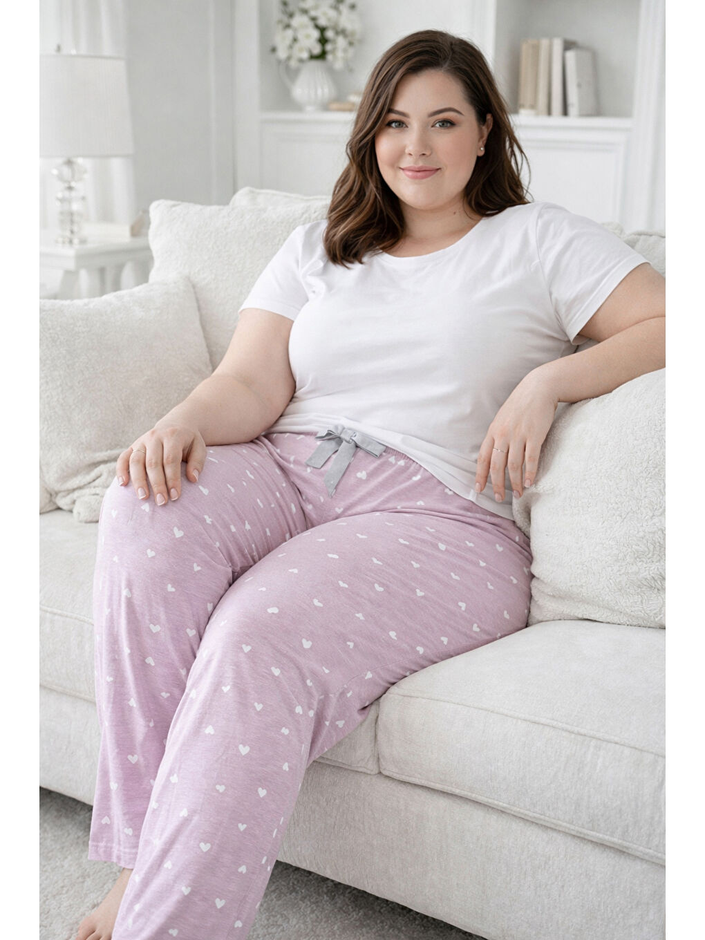 Pembe Büyük Beden Kadın Kalp Desen Viskon Kumaş Penye Battal Tek Pijama Alt 02 Gül Kurusu-2