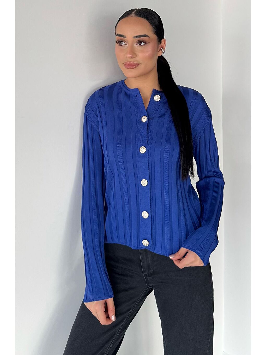 Mavi Kadın Düğme Detaylı Triko Hırka (m-l-xl Uyumludur)-1