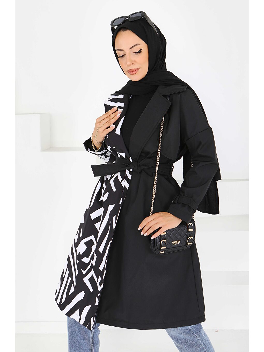 Zebra Desen Kuşaklı Miranda Trençkot Beyaz - 27600-BEYAZ-2