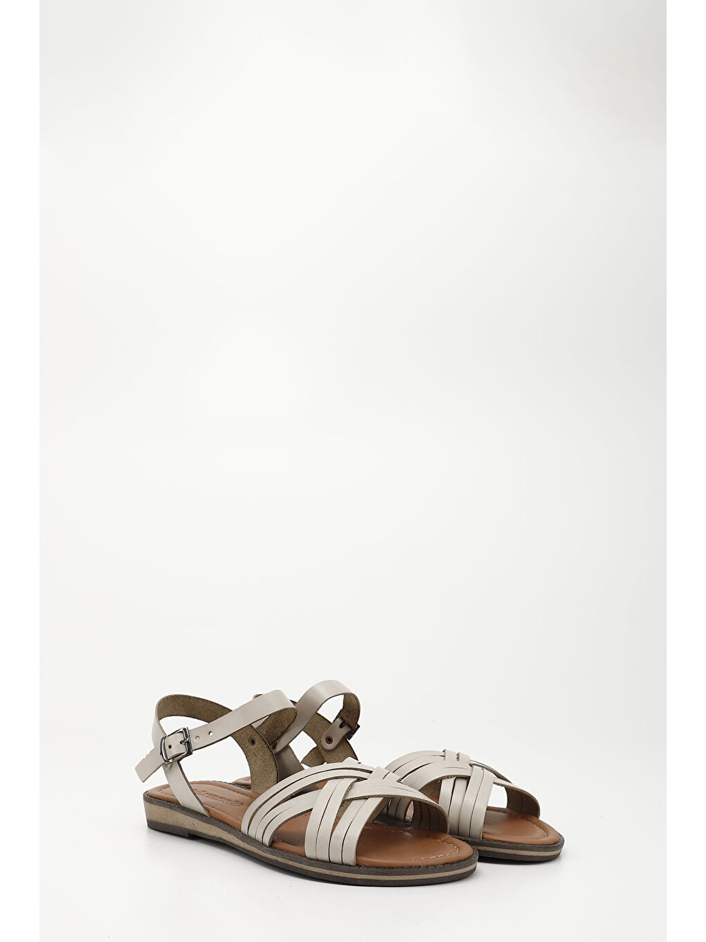 Bej Kadın BEJ-CAMEL Çapraz Bantlı Hakiki Deri Sandalet-1