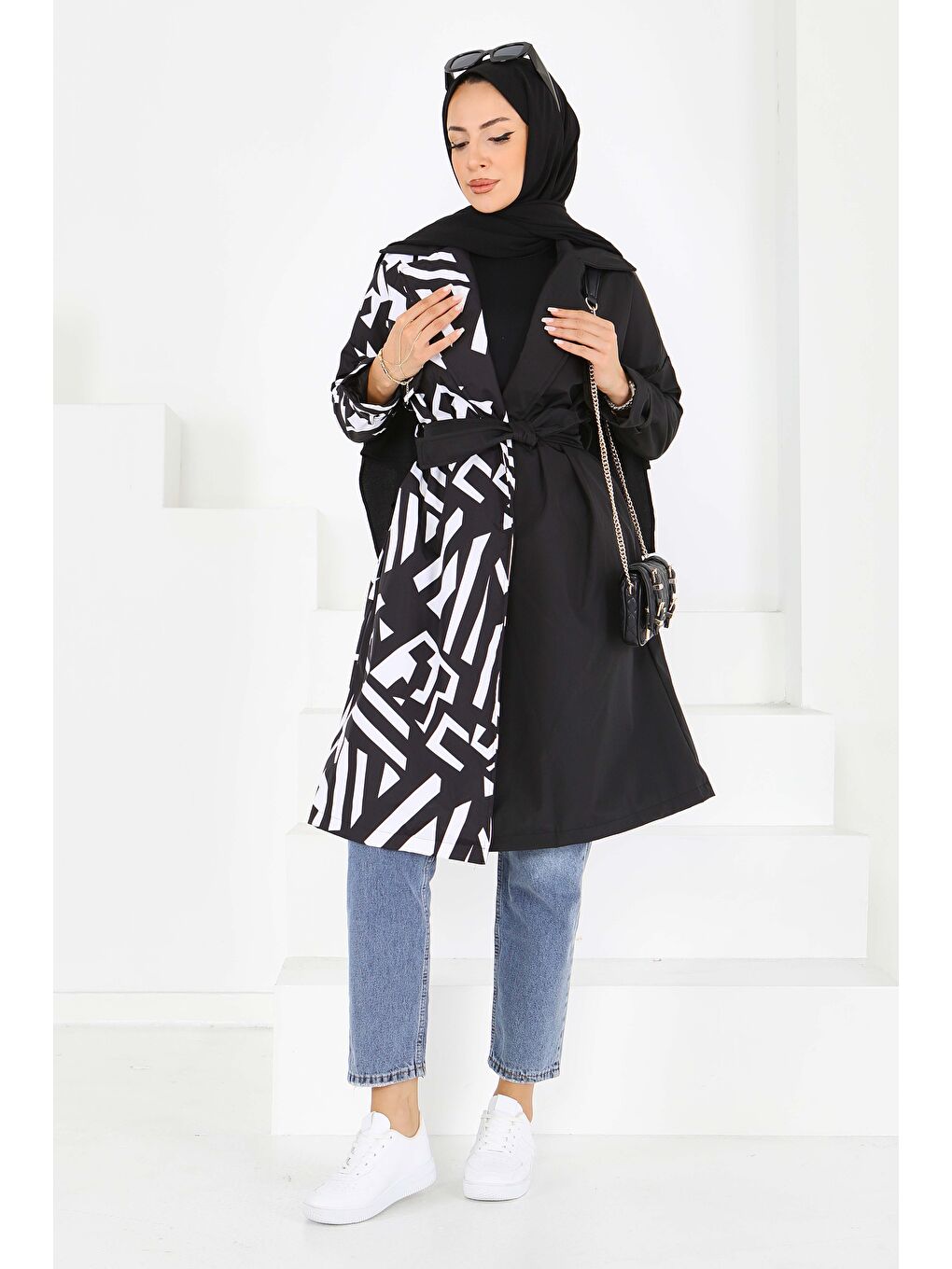 Zebra Desen Kuşaklı Miranda Trençkot Beyaz - 27600-BEYAZ-3