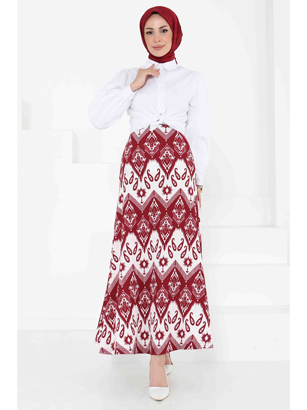 Desenli Kiloş Etek Bordo - 27130-1