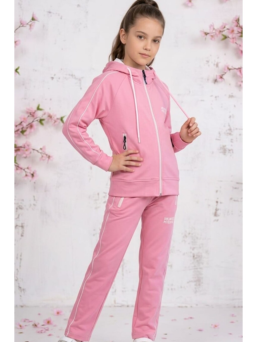 Pembe Kız Çocuk Unlimited Şeritli Kapüşonlu Düz Paça Reglan Kol Dalgıç Kumaş Eşofman Takımı Esf7013-1