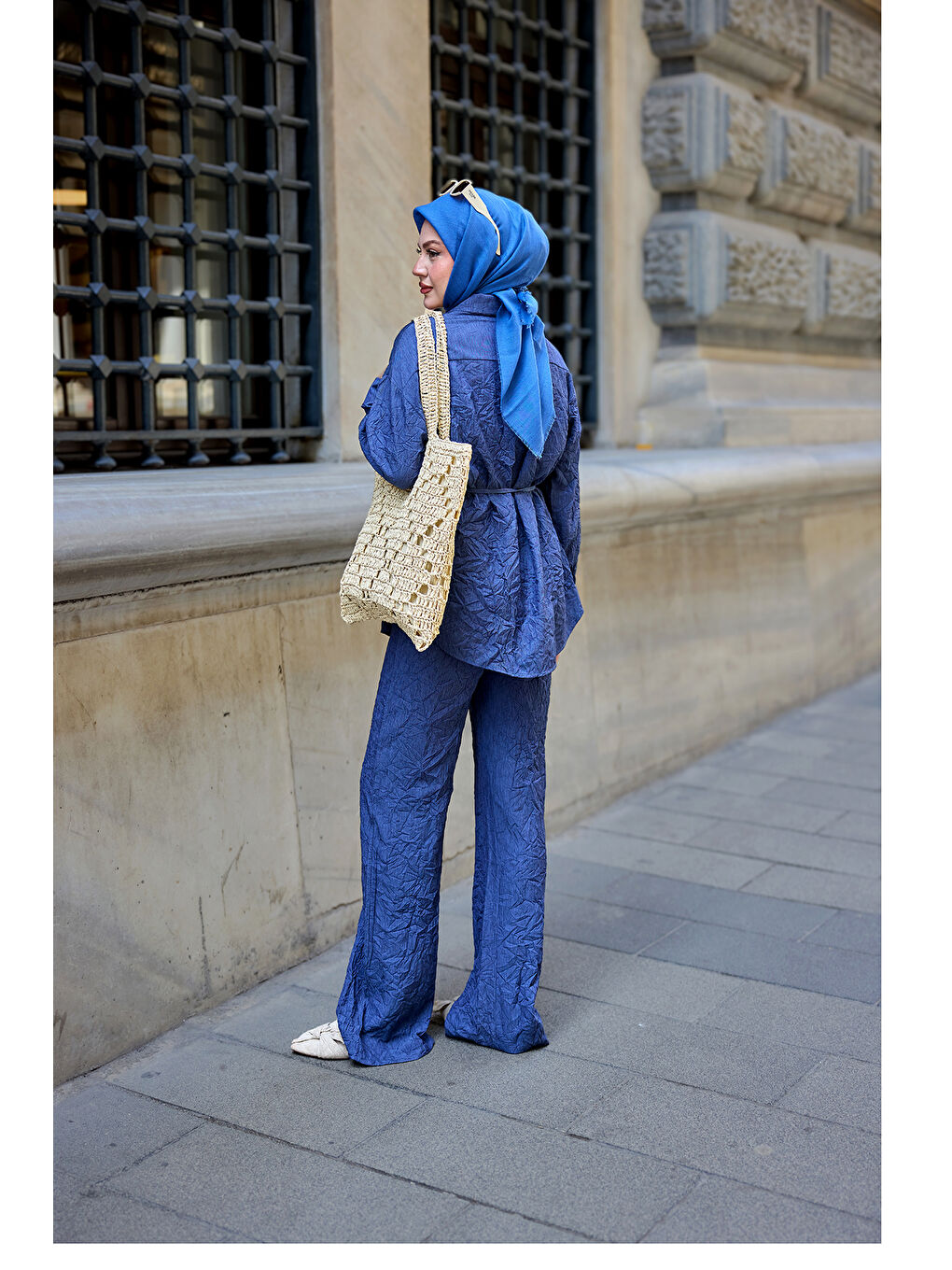 Kadın Kırışık Kumaş Takım Lacivert-4