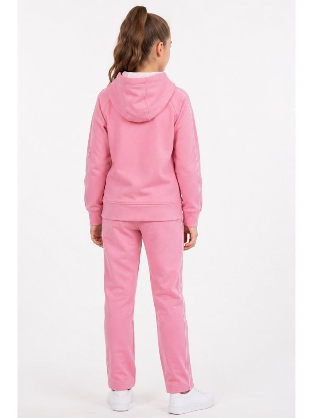 Pembe Kız Çocuk Unlimited Şeritli Kapüşonlu Düz Paça Reglan Kol Dalgıç Kumaş Eşofman Takımı Esf7013-3