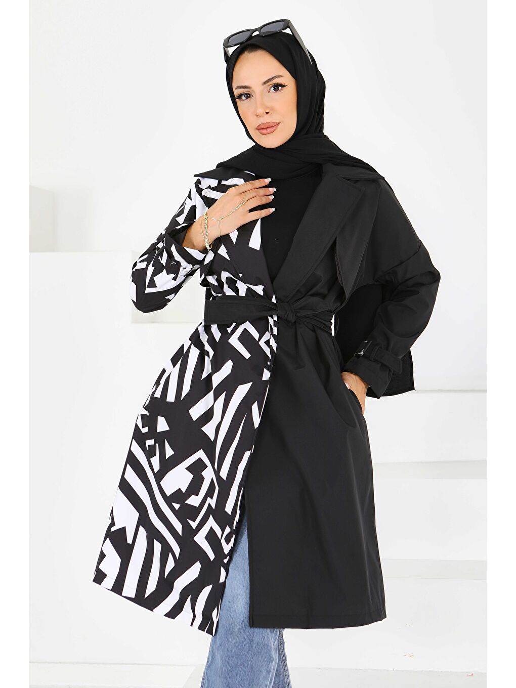 Zebra Desen Kuşaklı Miranda Trençkot Beyaz - 27600-BEYAZ-5