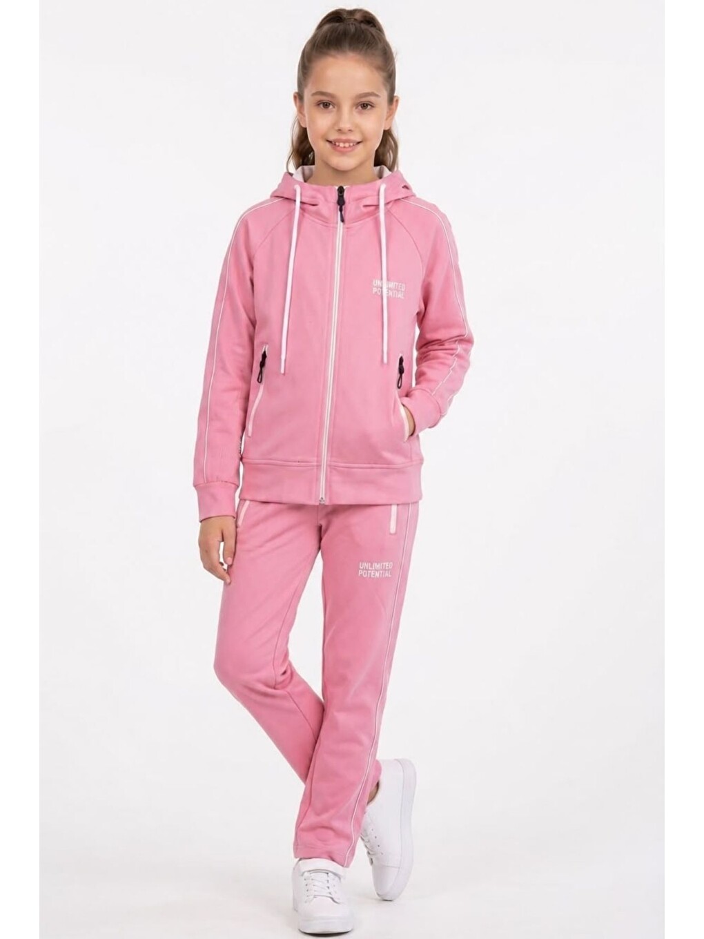 Pembe Kız Çocuk Unlimited Şeritli Kapüşonlu Düz Paça Reglan Kol Dalgıç Kumaş Eşofman Takımı Esf7013-6
