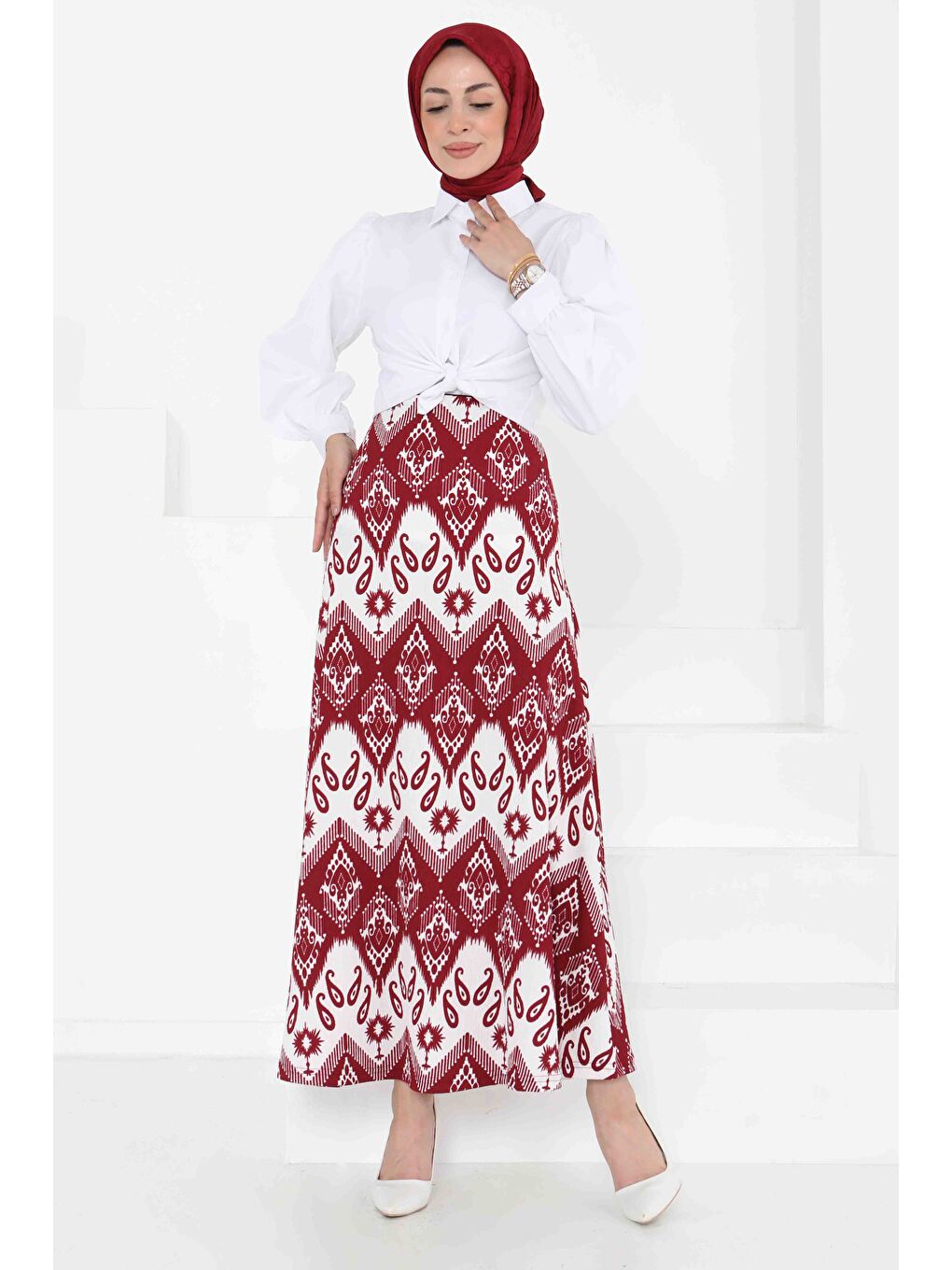 Desenli Kiloş Etek Bordo - 27130-2