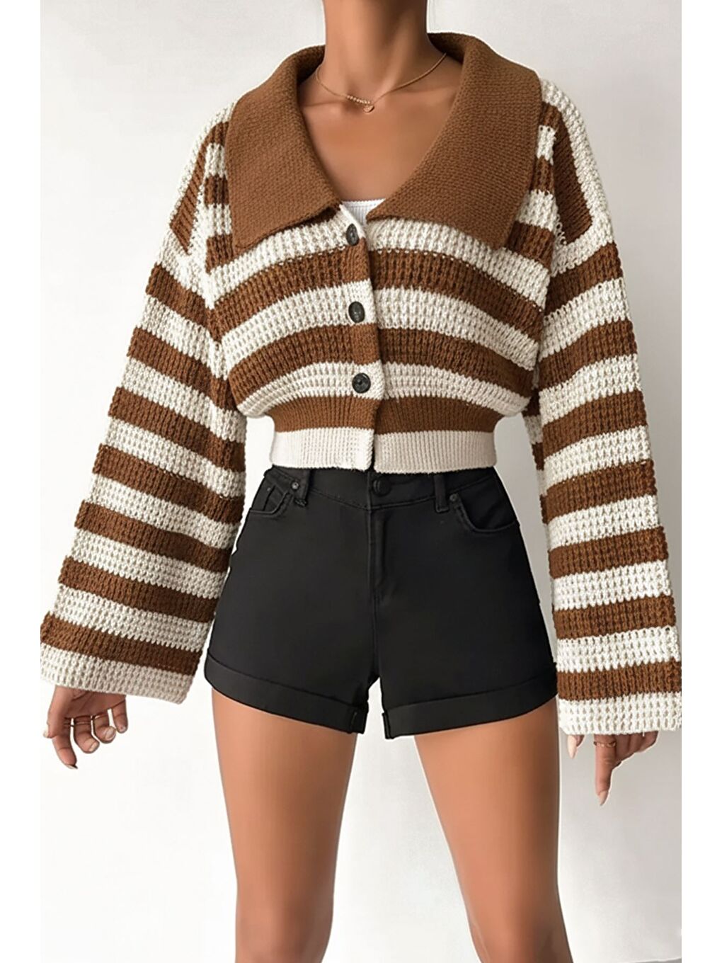 Kahverengi Kadın Ön Düğmeli Renk Şeritli İspanyol Kol Örme Triko Hırka-1