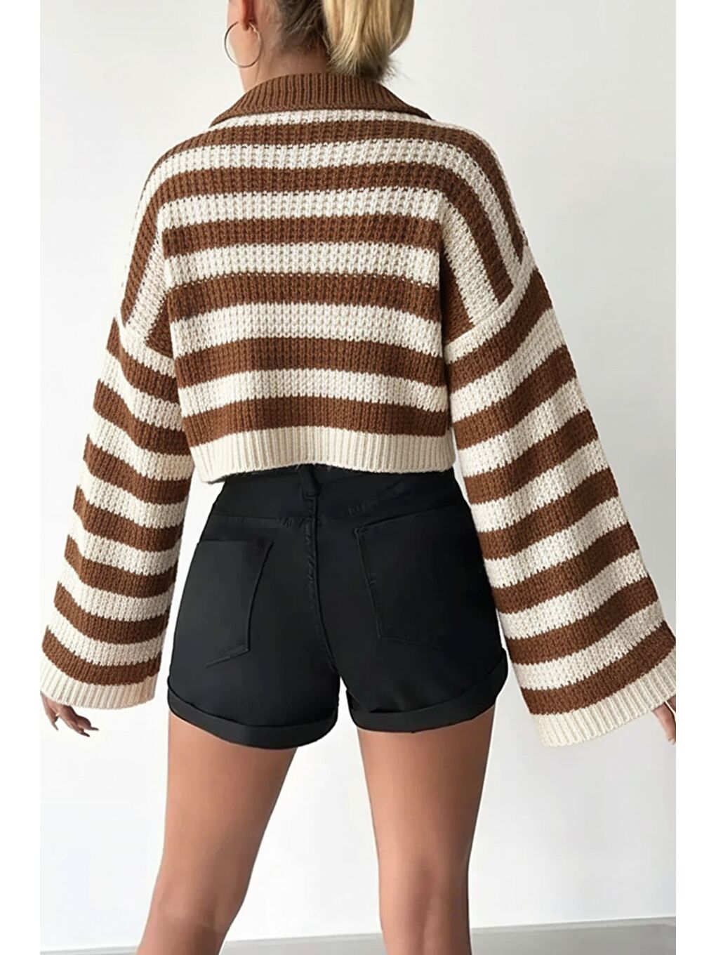Kahverengi Kadın Ön Düğmeli Renk Şeritli İspanyol Kol Örme Triko Hırka-2