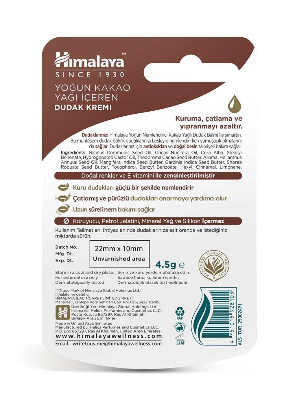 Yoğun Nemlendirici Dudak Kremi, Kakao Yağı, Besleyici, %100 Doğal Renk, Silikon Içermez, 4,5 gr-1