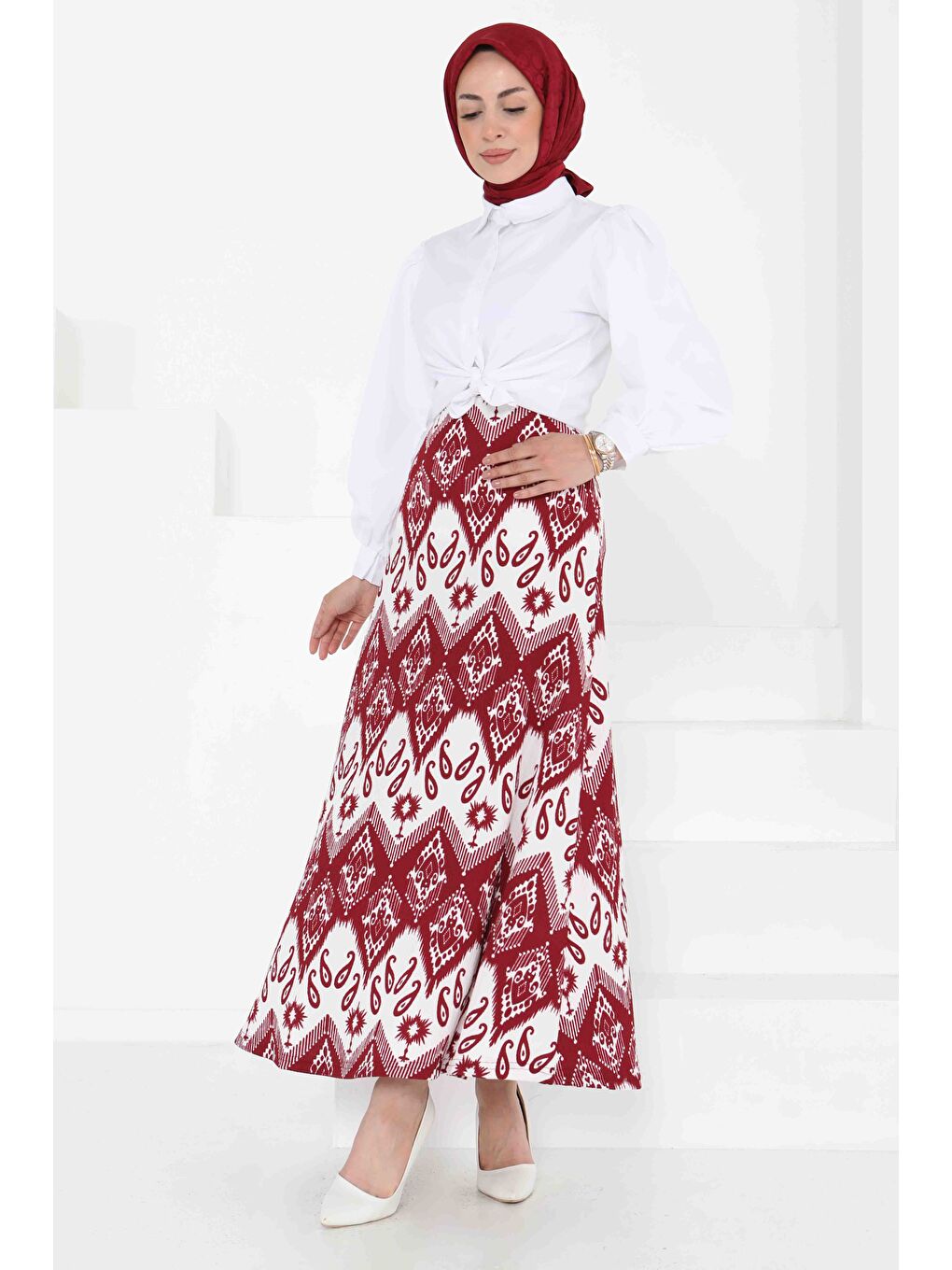 Desenli Kiloş Etek Bordo - 27130-3