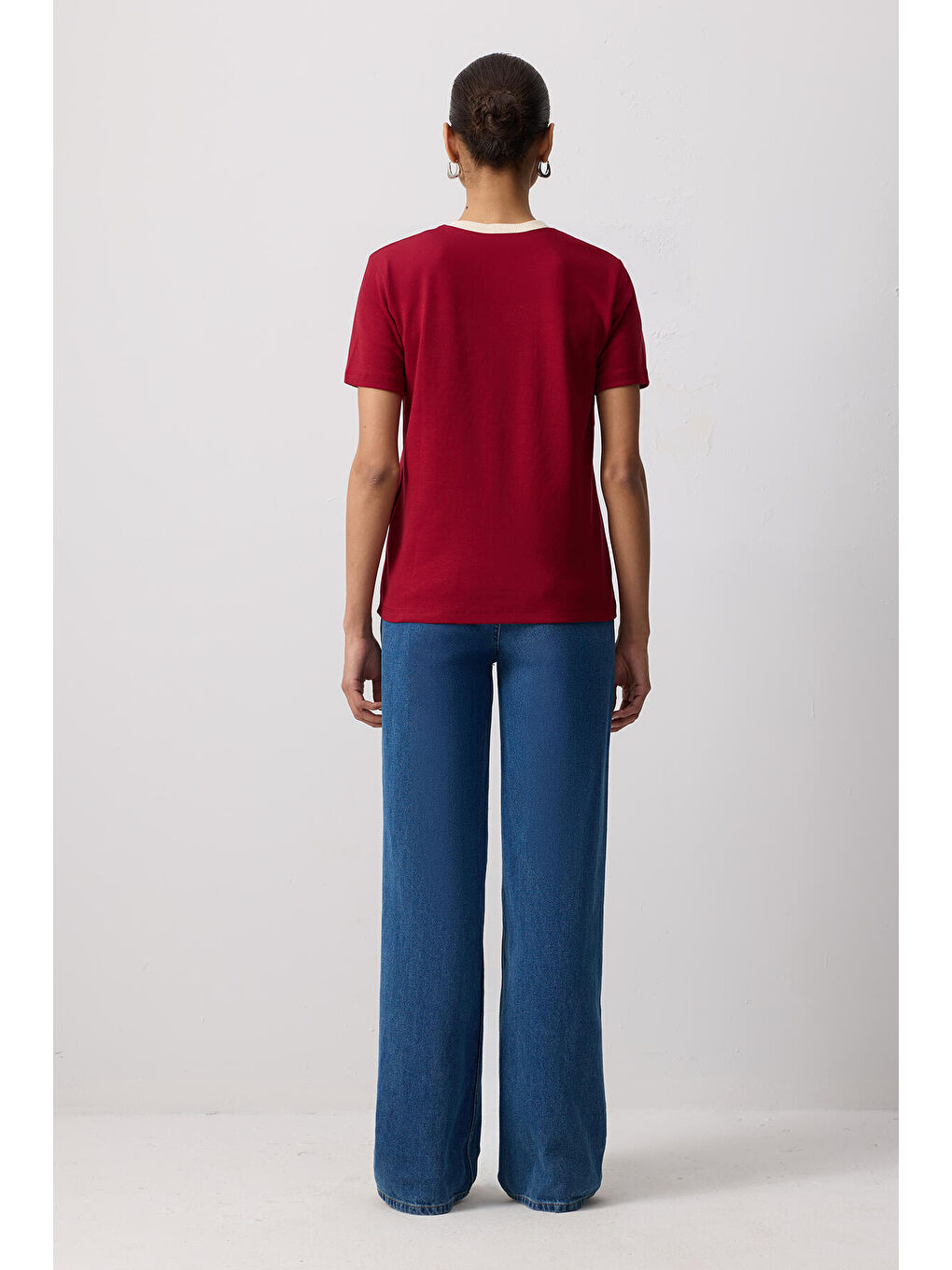 Bordo %100 Pamuklu Ribana Yaka Kısa Kollu T-Shırt-3