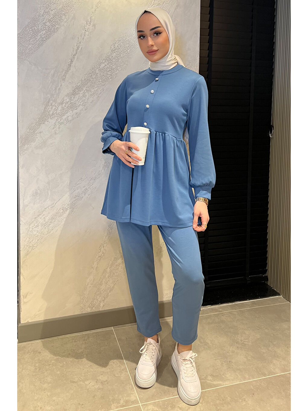 İndigo Kadın Taşlı Düğmeli Fırfırlı Tunik Pantolon Tesettür İkili Takım-1