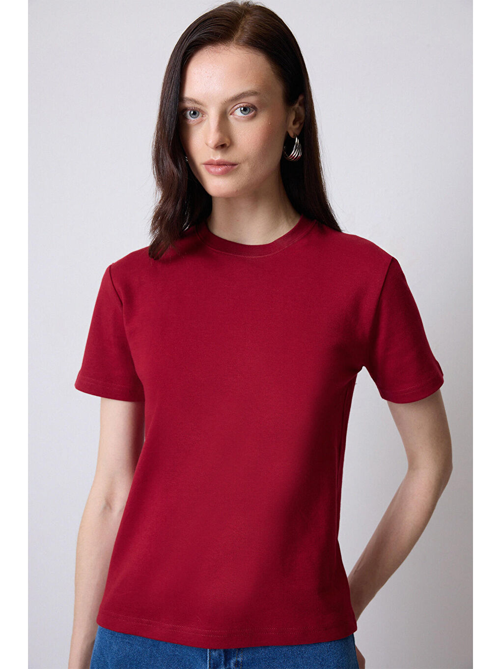 Bordo %100 Pamuklu Kısa Kollu Regular Fıt T-Shırt-1