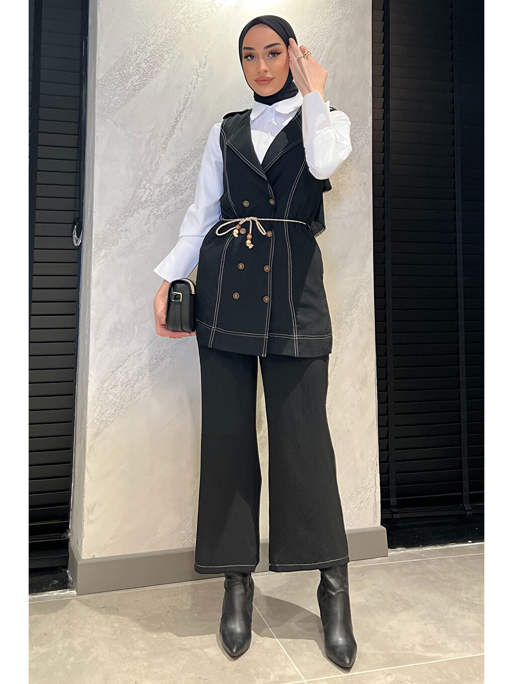 Siyah Kadın Gömlek Yelek Pantolon Tesettür Üçlü Takım-1