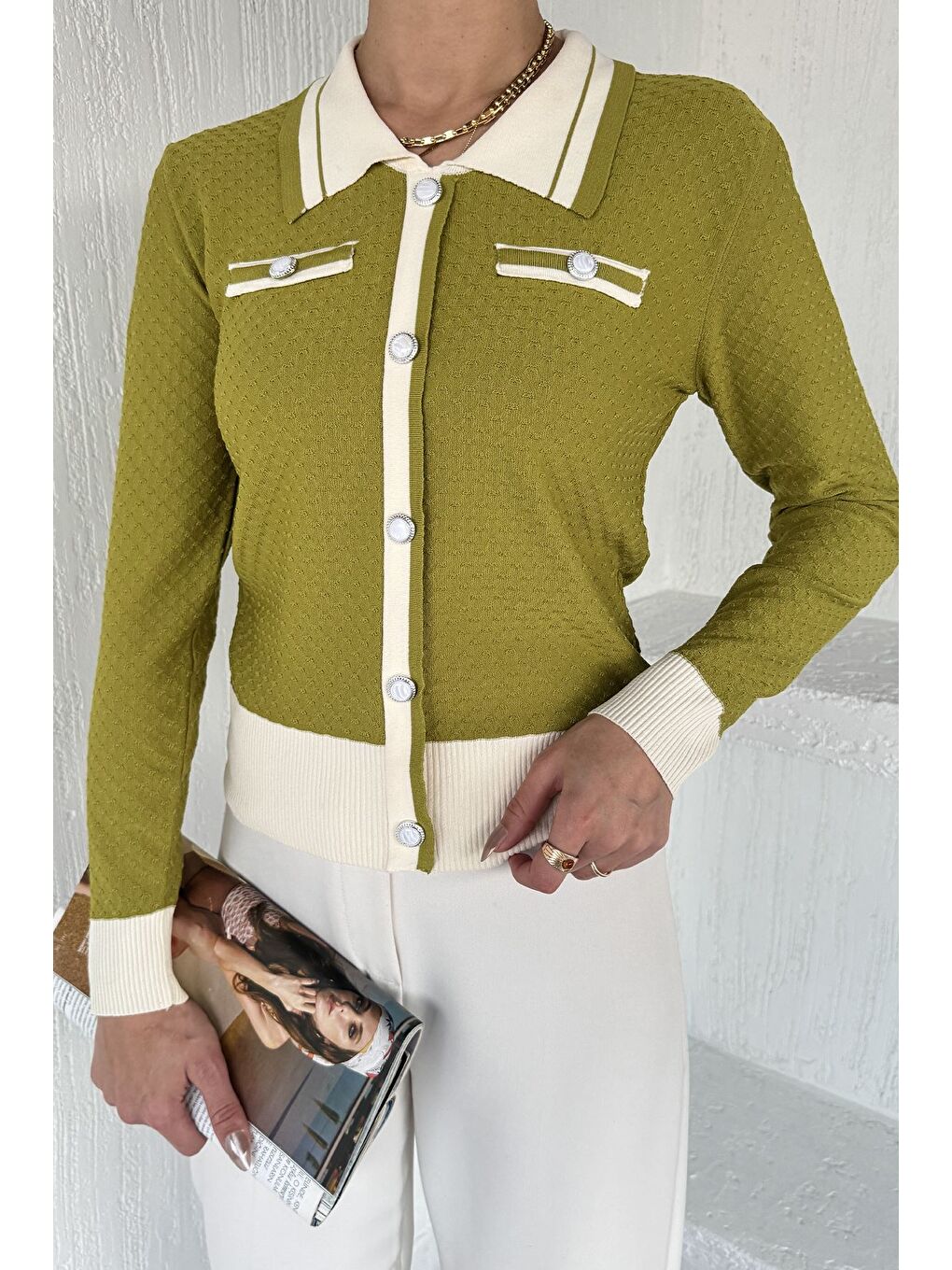 Yeşil Kadın Polo Yaka İncili Düğme Detaylı Triko Hırka (s-m-l Beden Uyumludur.)-2