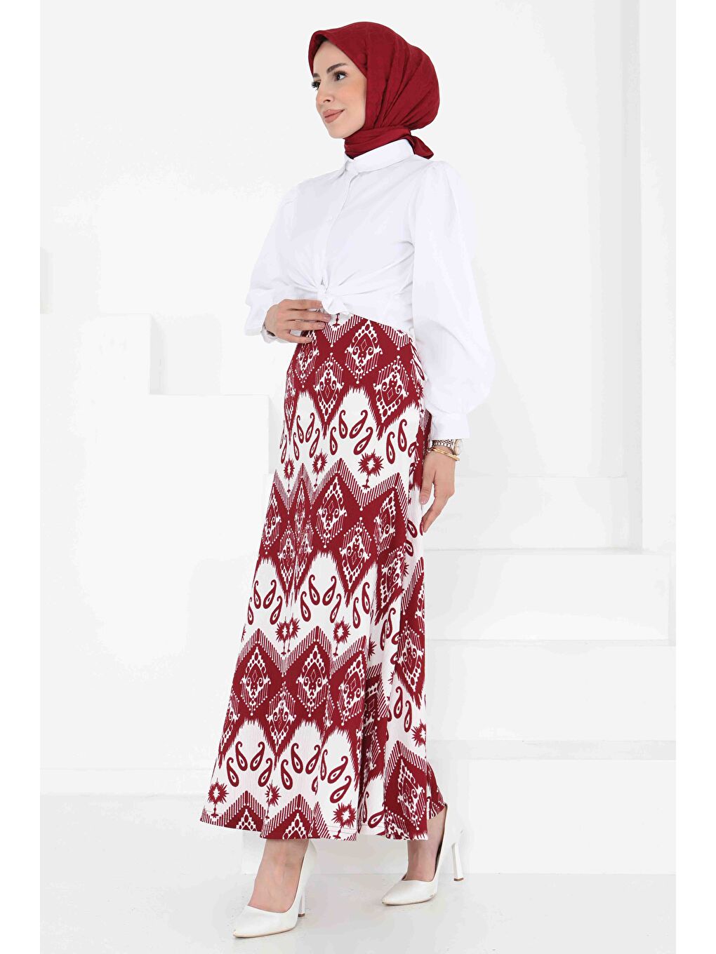 Desenli Kiloş Etek Bordo - 27130-4