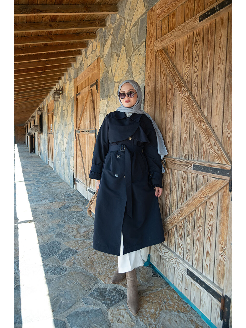 Kadın Cep Yaka Trençkot Lacivert-1