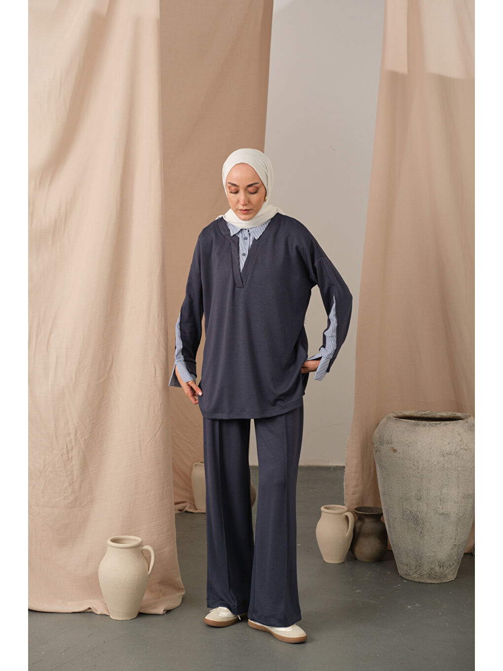 Kadın Gömlek Yaka İkili Takım Antrasit