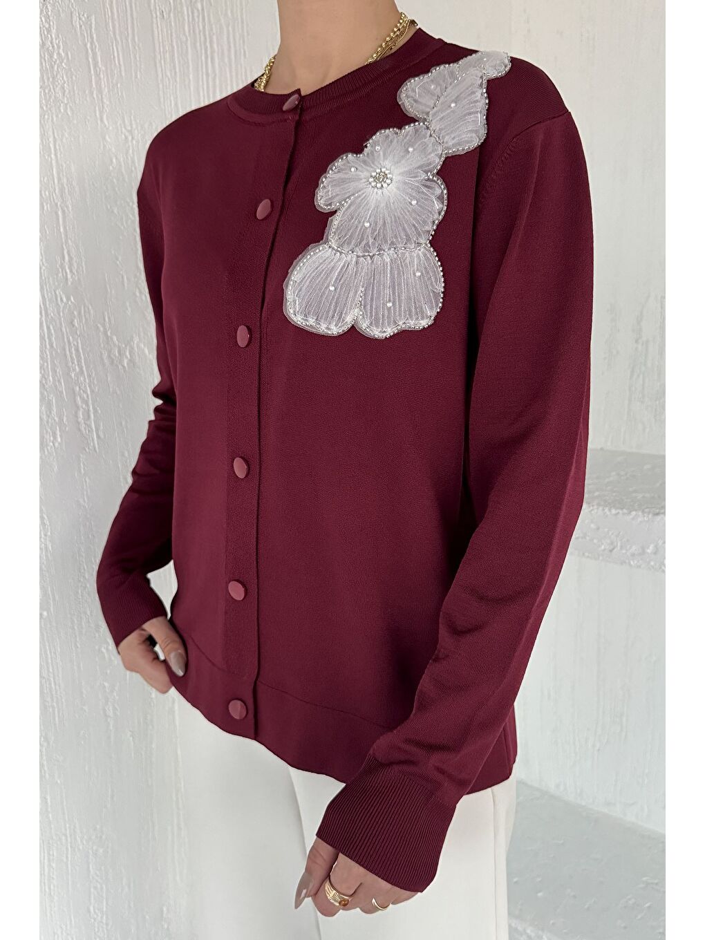 Bordo Kadın Tül İşlemeli Triko Hırka (s-m-l-xl Uyumludur)-1