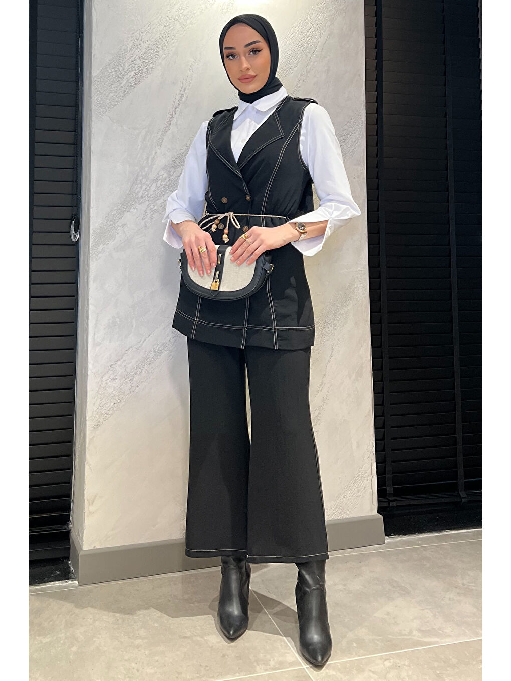 Siyah Kadın Gömlek Yelek Pantolon Tesettür Üçlü Takım-2