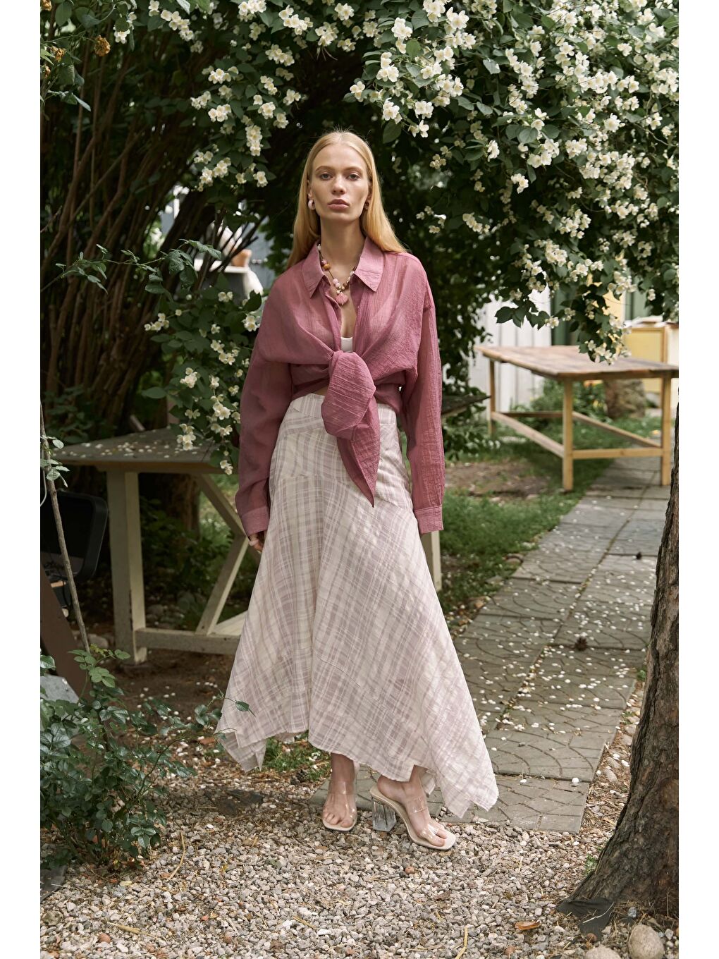 Peigi Çizgili Parçalı Lila Midi Etek