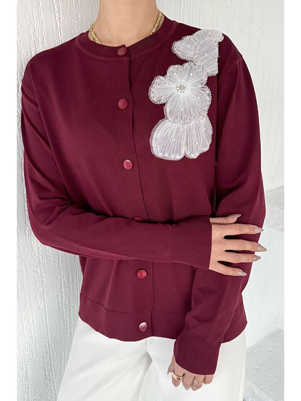 Bordo Kadın Tül İşlemeli Triko Hırka (s-m-l-xl Uyumludur)-2