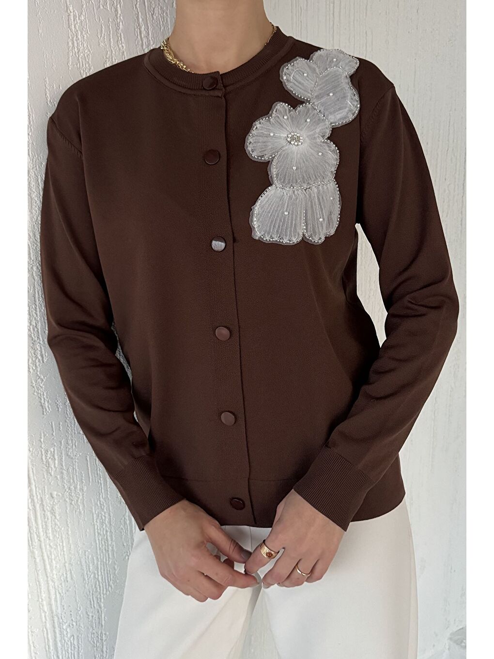 Kahverengi Kadın Tül İşlemeli Triko Hırka (s-m-l-xl Uyumludur)-1