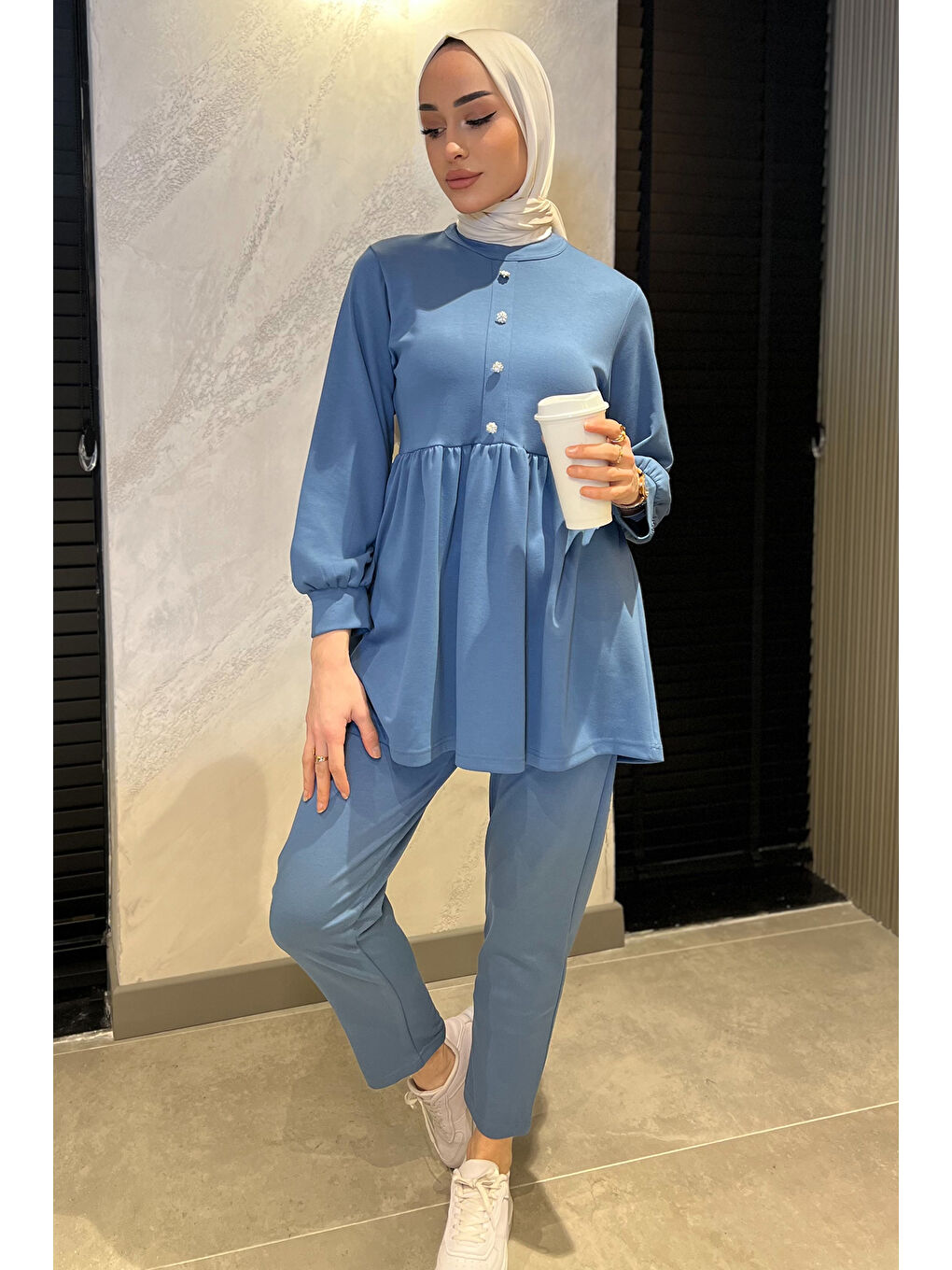 İndigo Kadın Taşlı Düğmeli Fırfırlı Tunik Pantolon Tesettür İkili Takım-3