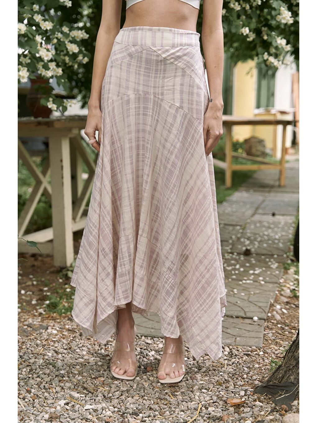 Peigi Çizgili Parçalı Lila Midi Etek-2