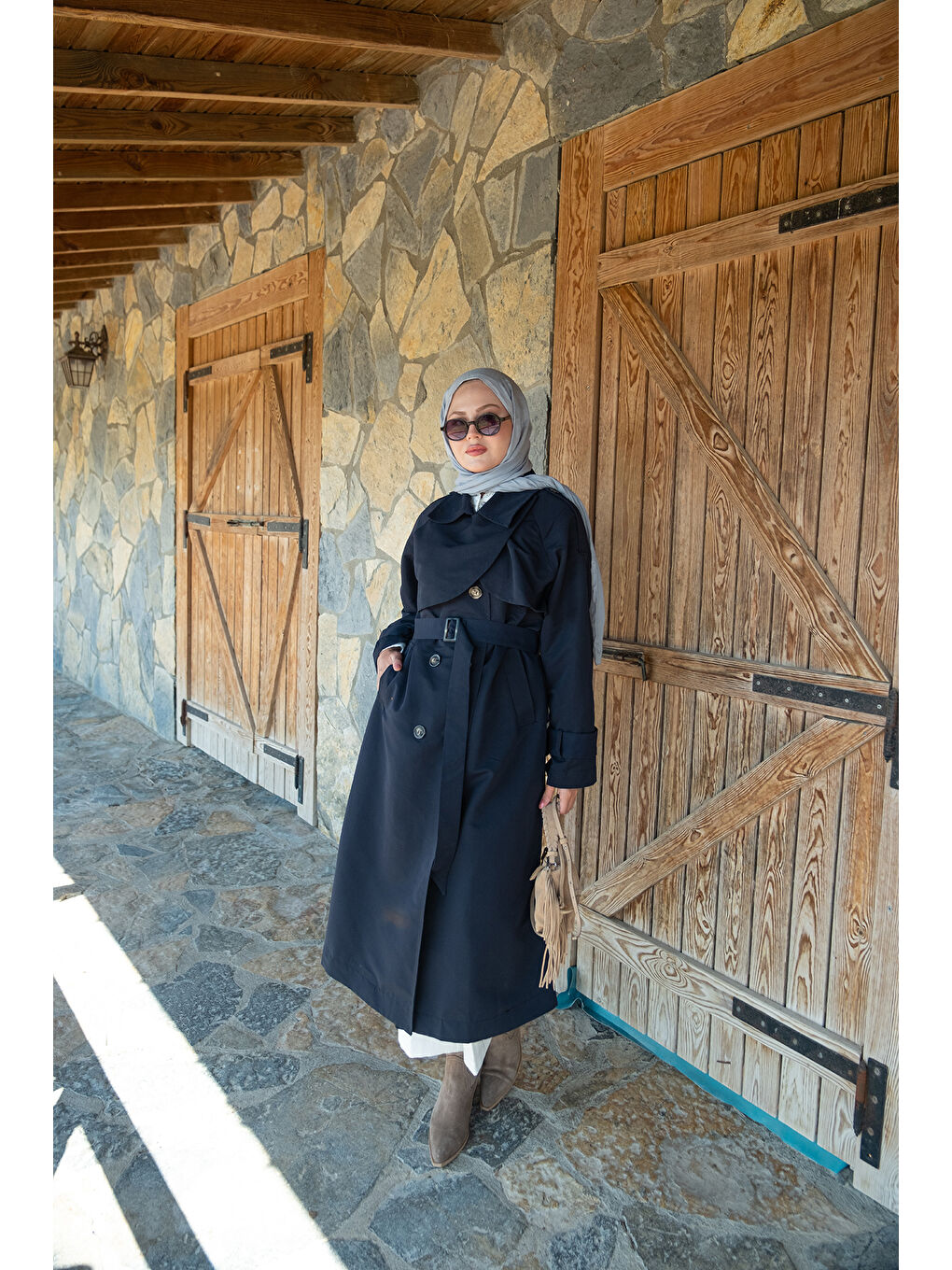 Kadın Cep Yaka Trençkot Lacivert-3