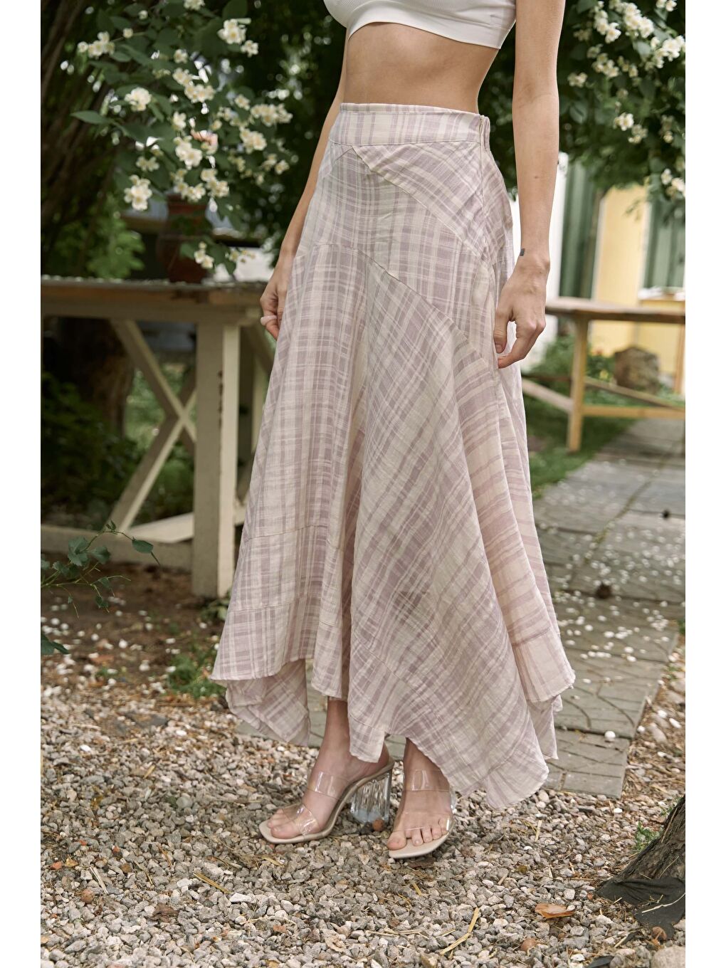 Peigi Çizgili Parçalı Lila Midi Etek-3