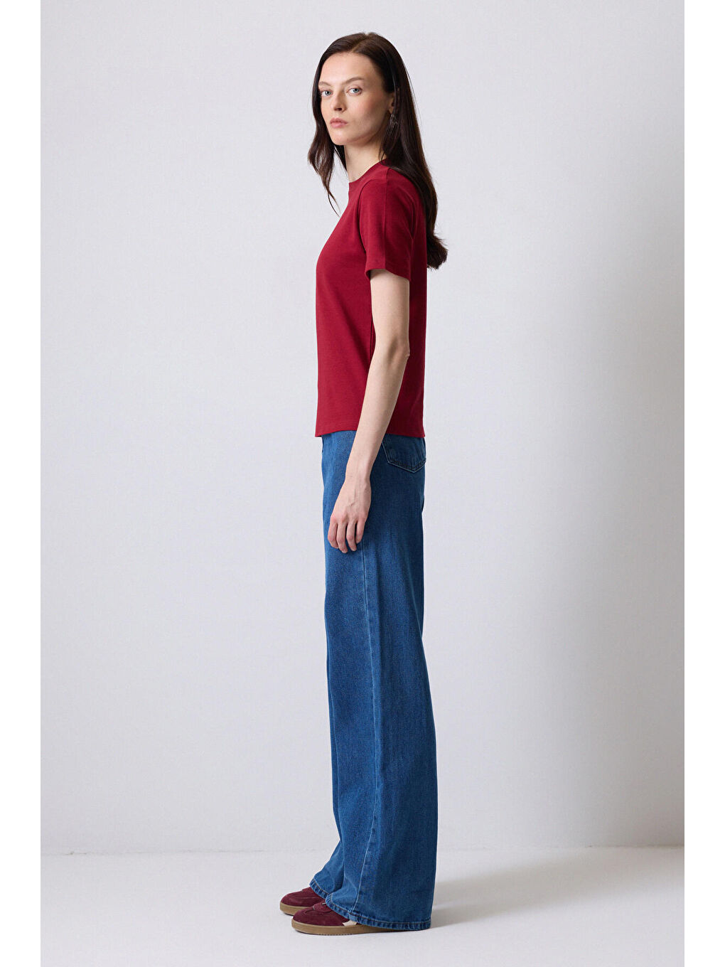 Bordo %100 Pamuklu Kısa Kollu Regular Fıt T-Shırt-2