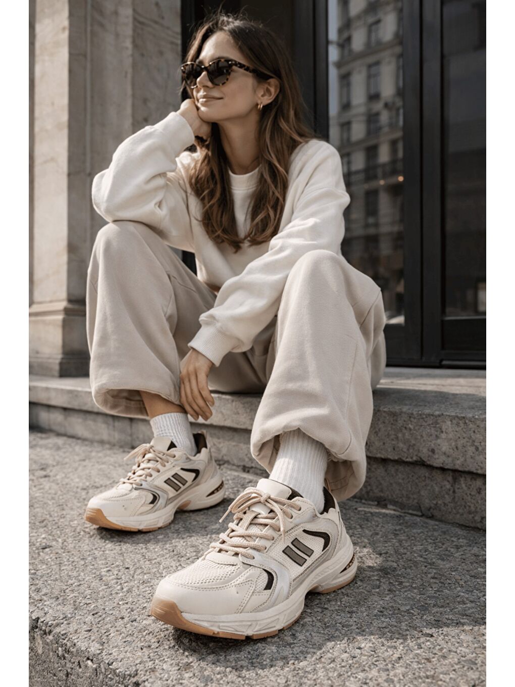 Bej SHİFT Kadın Kalın Taban Bağcıklı Günlük Sneaker Spor Ayakkabı-1