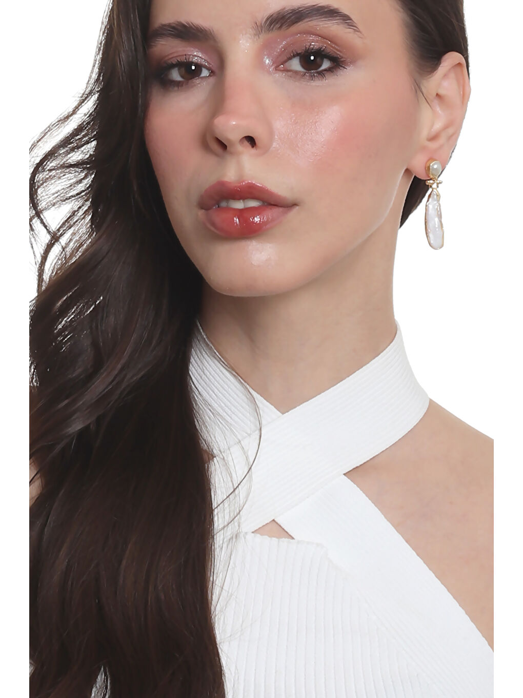 Sarı Kadın Lak Altın Kaplama Çivili Model İncili Tasarım Küpe-1