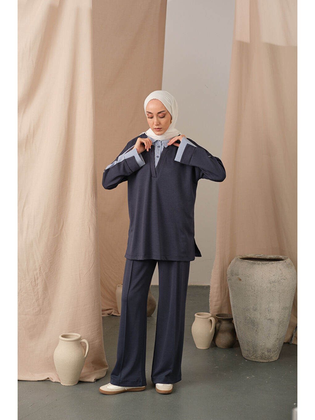 Kadın Gömlek Yaka İkili Takım Antrasit-1