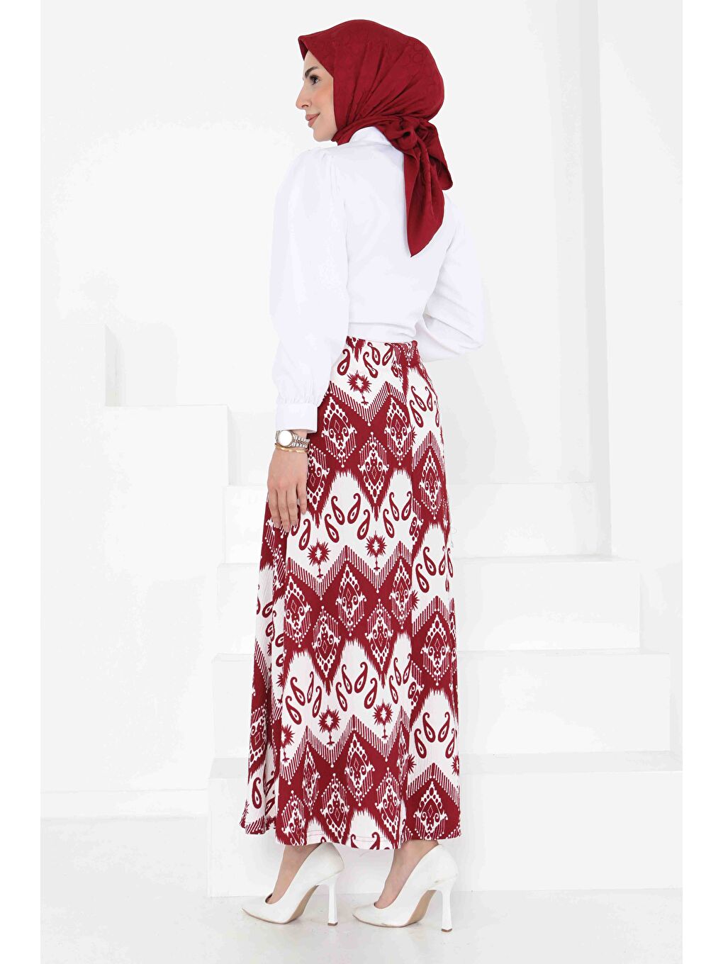 Desenli Kiloş Etek Bordo - 27130-6