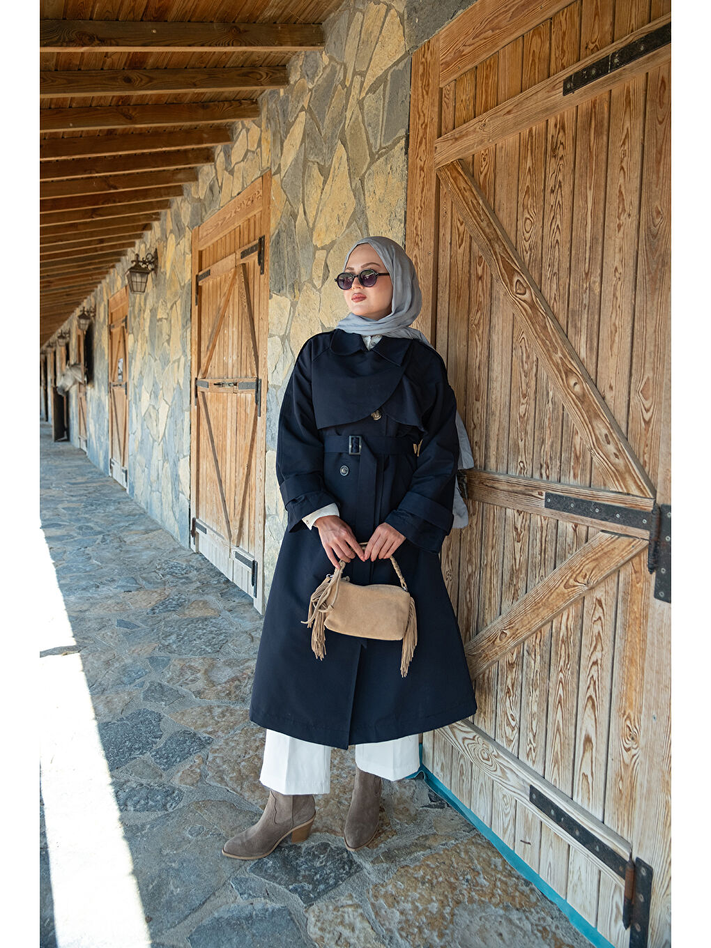 Kadın Cep Yaka Trençkot Lacivert-4