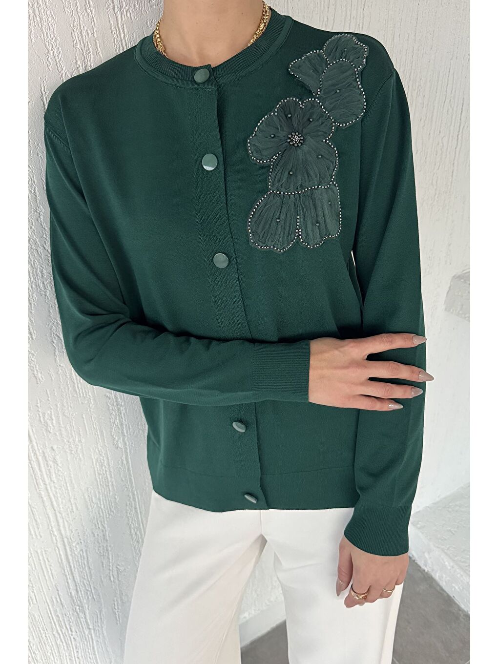 Yeşil Kadın Tül İşlemeli Triko Hırka (s-m-l-xl Uyumludur)-1