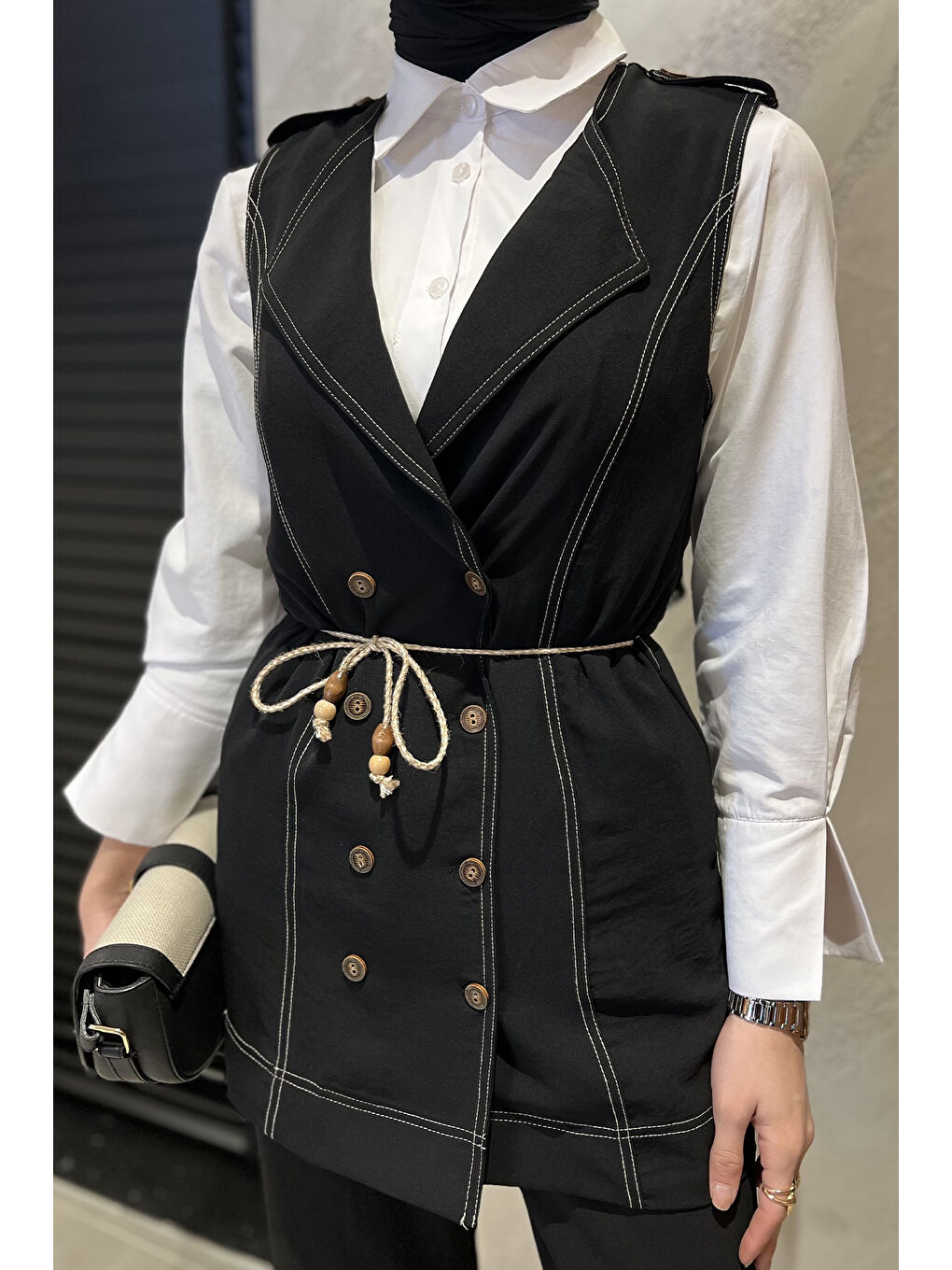 Siyah Kadın Gömlek Yelek Pantolon Tesettür Üçlü Takım-5