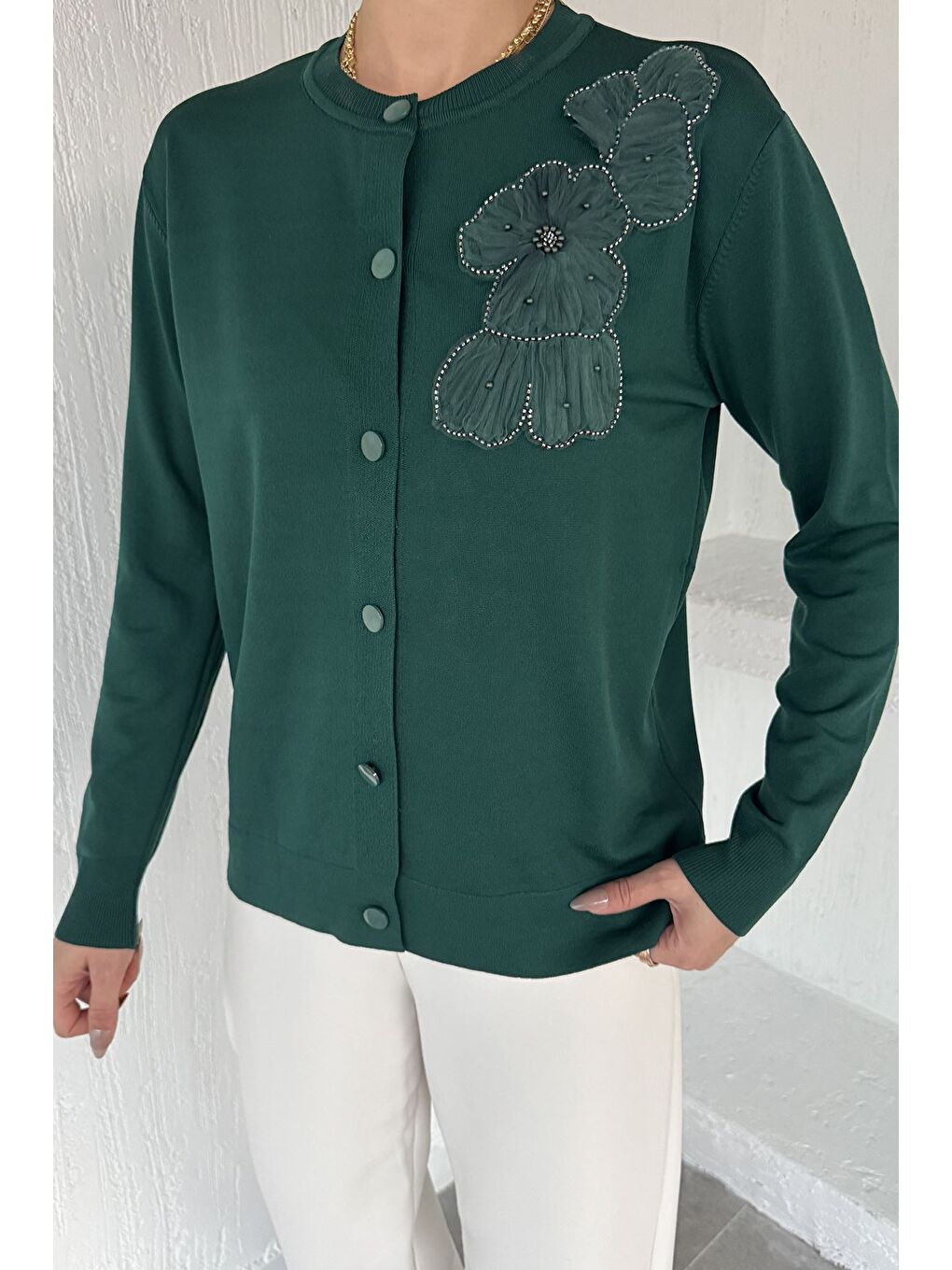 Yeşil Kadın Tül İşlemeli Triko Hırka (s-m-l-xl Uyumludur)-2