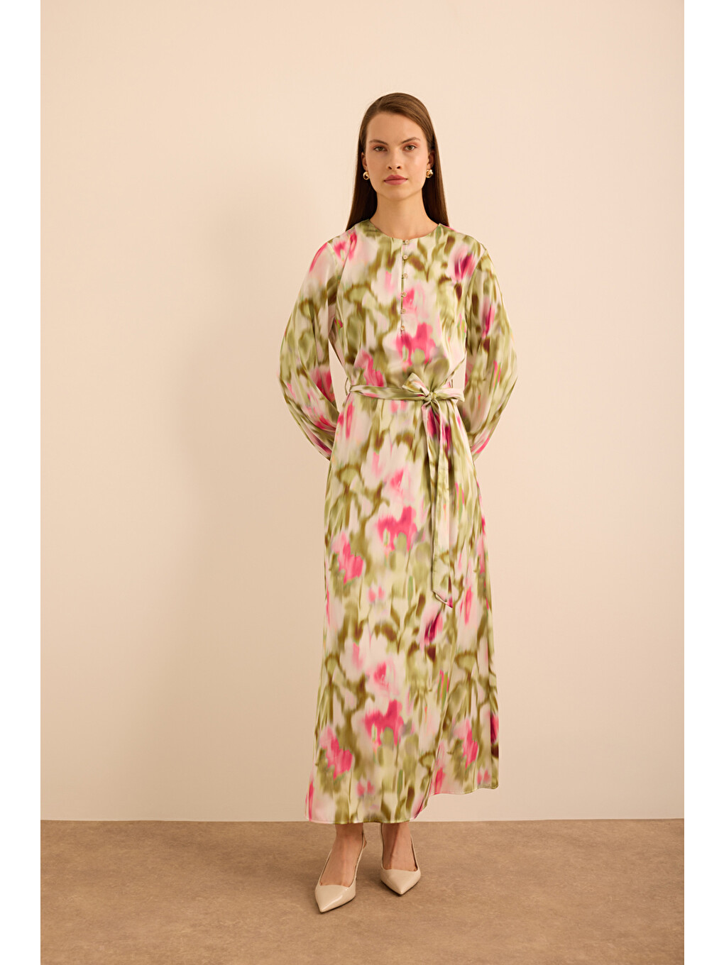 Pembe Batik Desenli Elbise-1