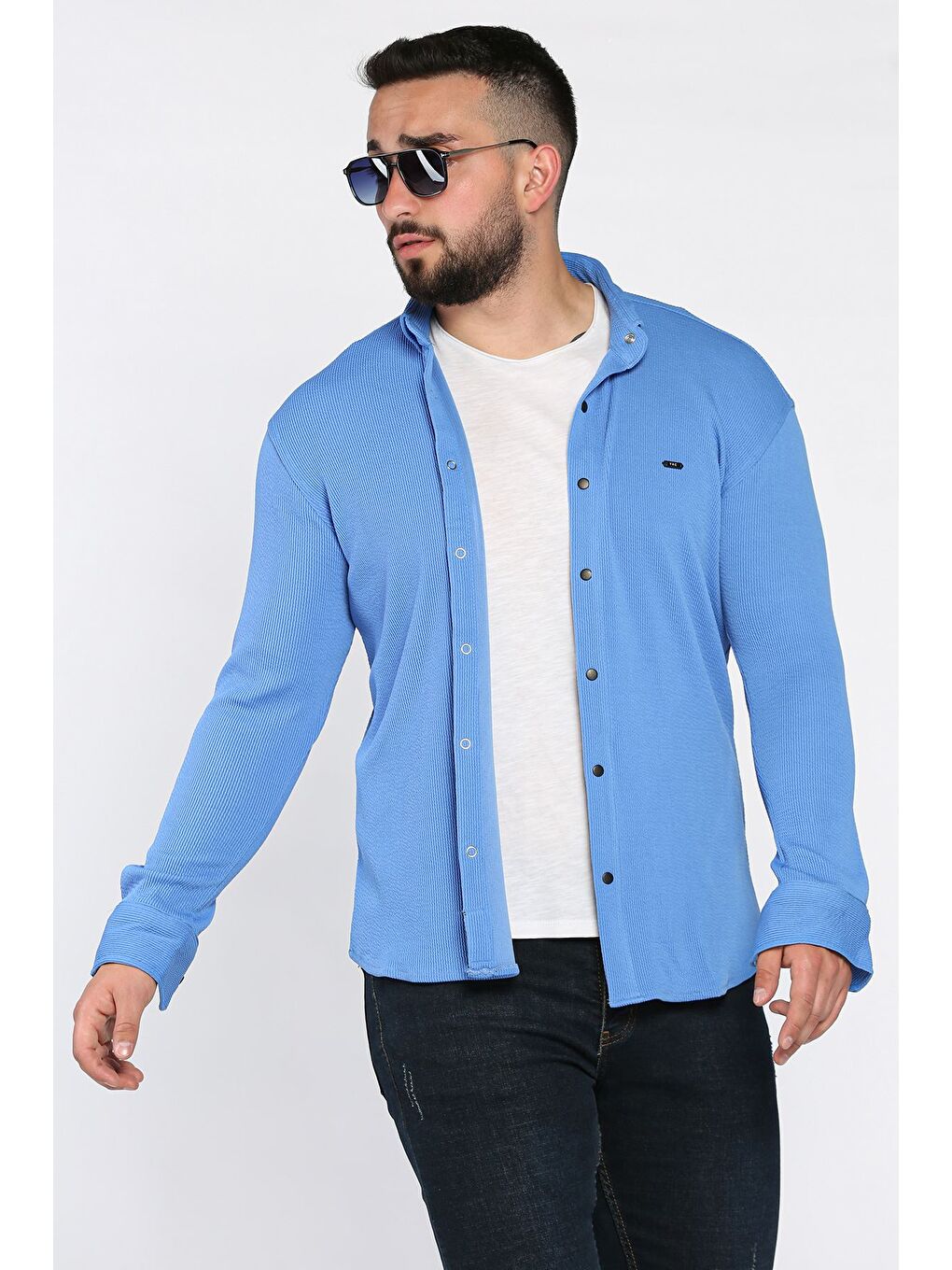 Mavi Erkek Uzun Kol Elastanlı Gömlek-1