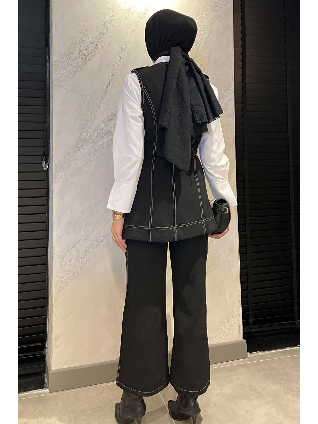 Siyah Kadın Gömlek Yelek Pantolon Tesettür Üçlü Takım-6