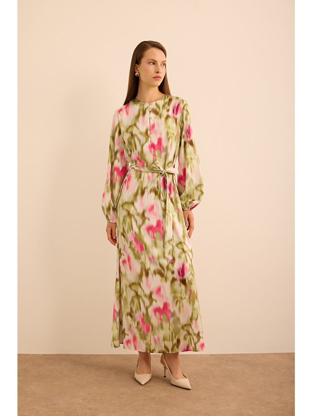 Pembe Batik Desenli Elbise-4