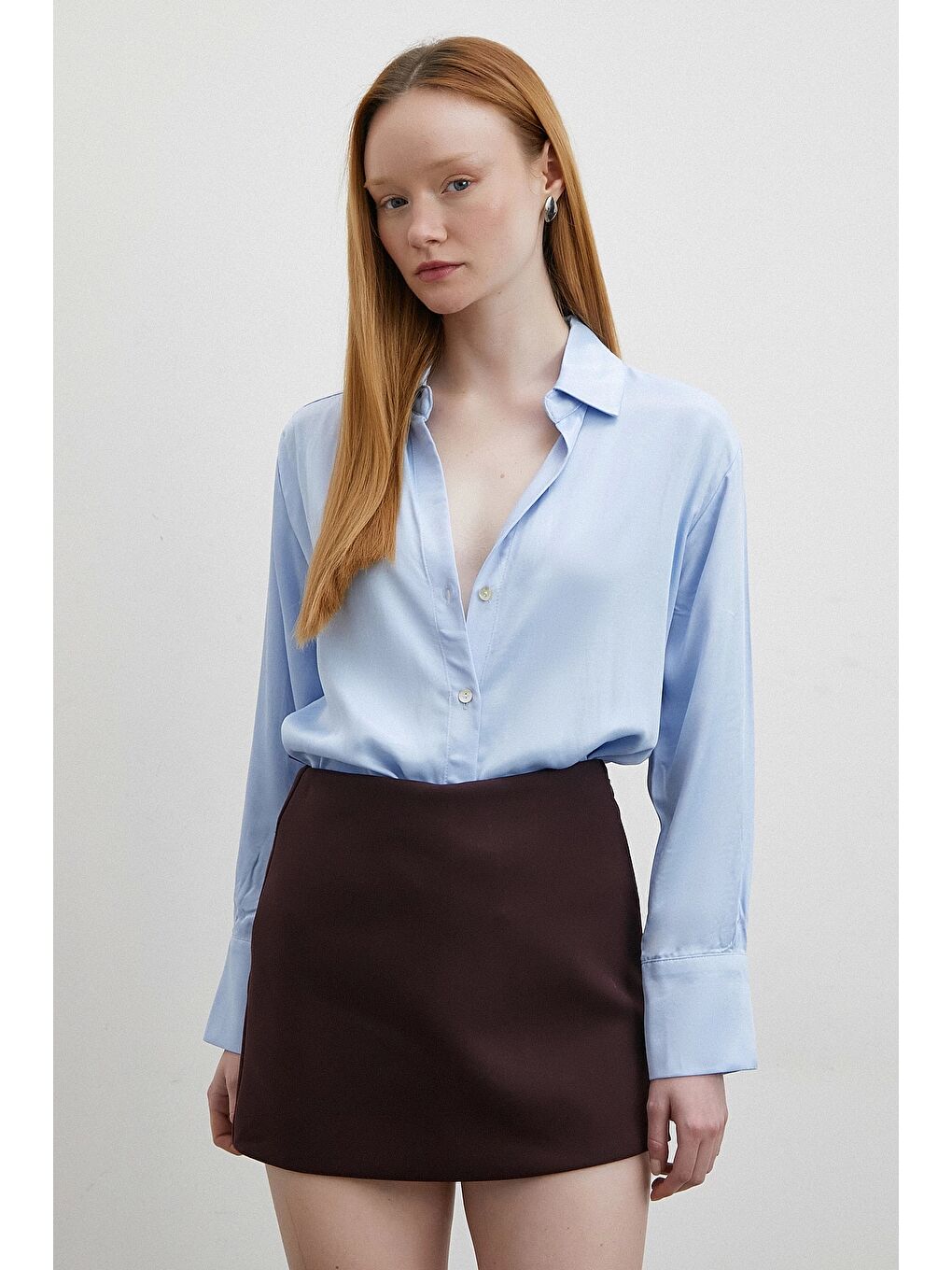 Floş Basic Saten Gömlek Mavi